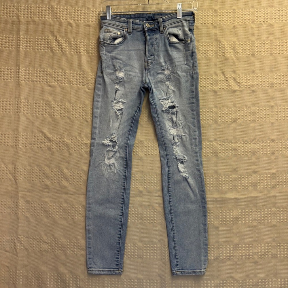 HM Skinny &Denim Light Wash Distressed Ripped Jeans Button Fly 28/30 Womens